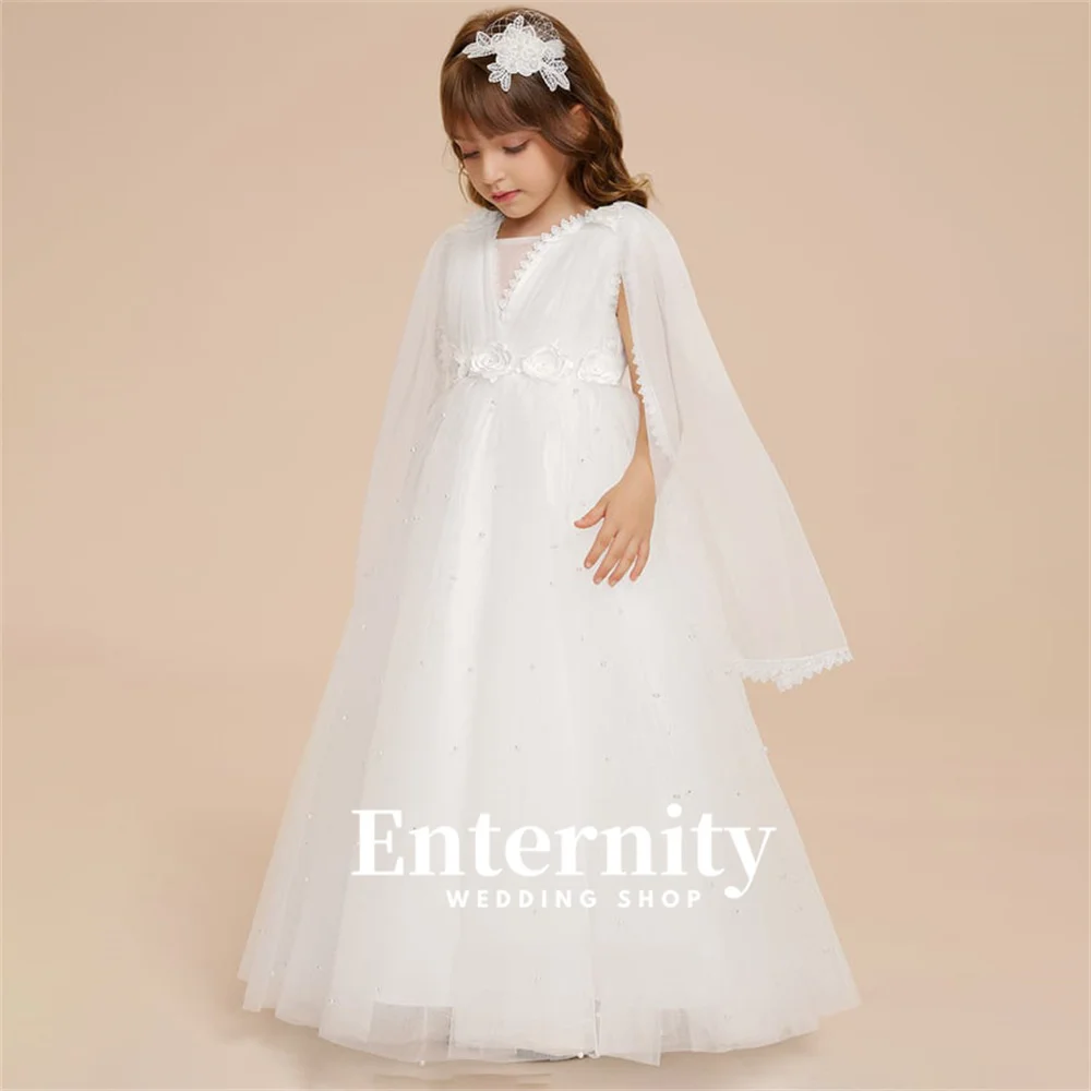 Flower Girl Dresses Ball-Gown V Neck Princess Girls Elegant Dresses Floor-Length Tulle Wedding Dresses Vestidos Para Niñas