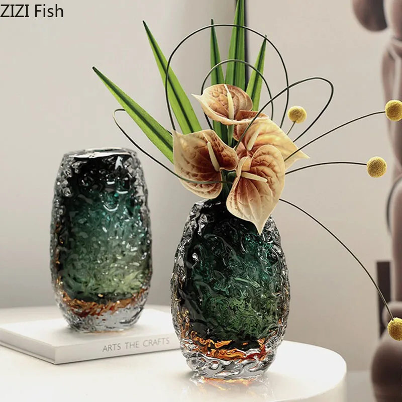 

Wrinkled Ice Texture Glass Vase Table Decoration Flower Arrangement Creative Hydroponics Flowers Vases Room Aesthetic Decor