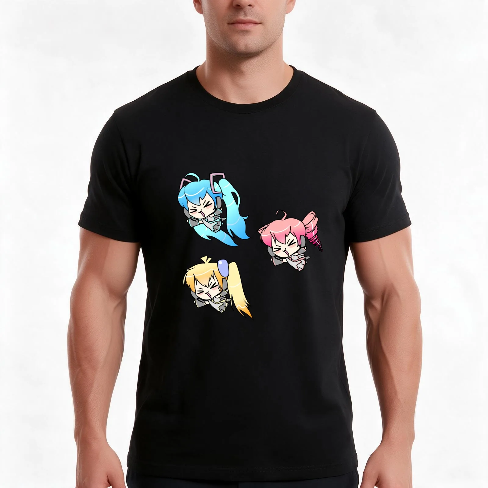 Chibi Triple Baka Squad T-Shirt, Summer Casual Cotton Tee, Oversized Streetwear Tops, Vintage Graphic Print, Unisex Men Women