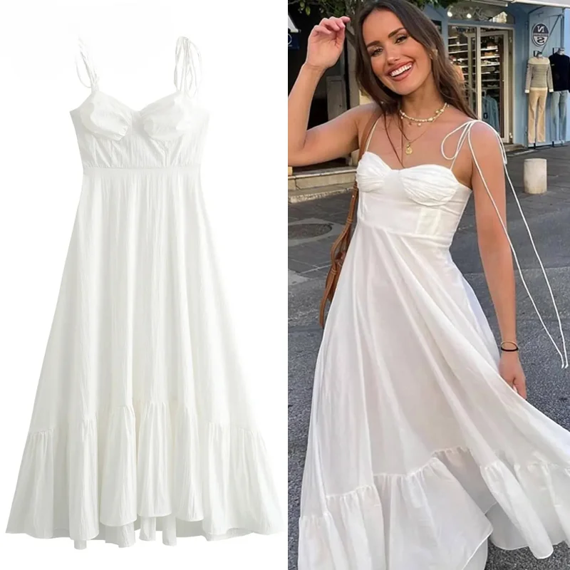 

Ruffle Bow Strappy Slip Dresses Women's Dress Summer 2024 White Sleeveless Backless Elegant Birthday Luxury