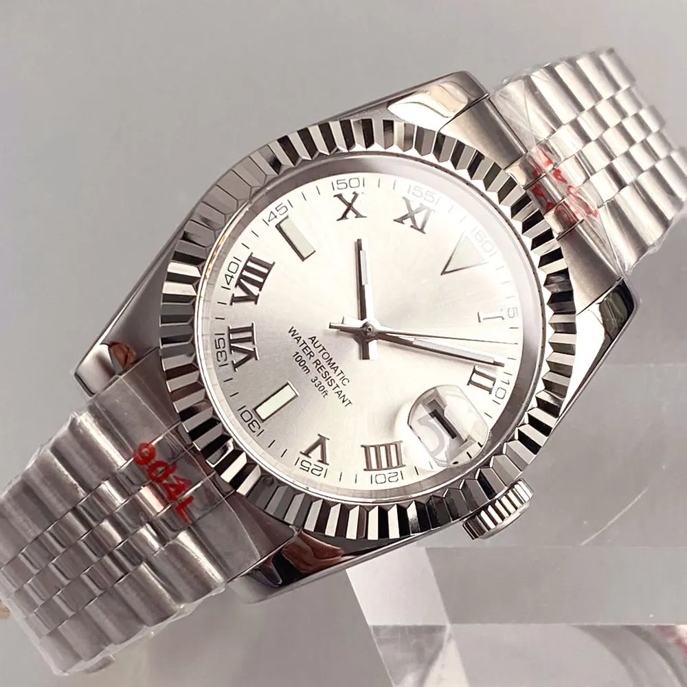 مخصص Tandorio NH35 جديد فهارس الفضة البيضاء الأرقام الرومانية ساعة الطلب الياقوت الزجاج آلات مقاومة للماء الرجال مخدد الساعات