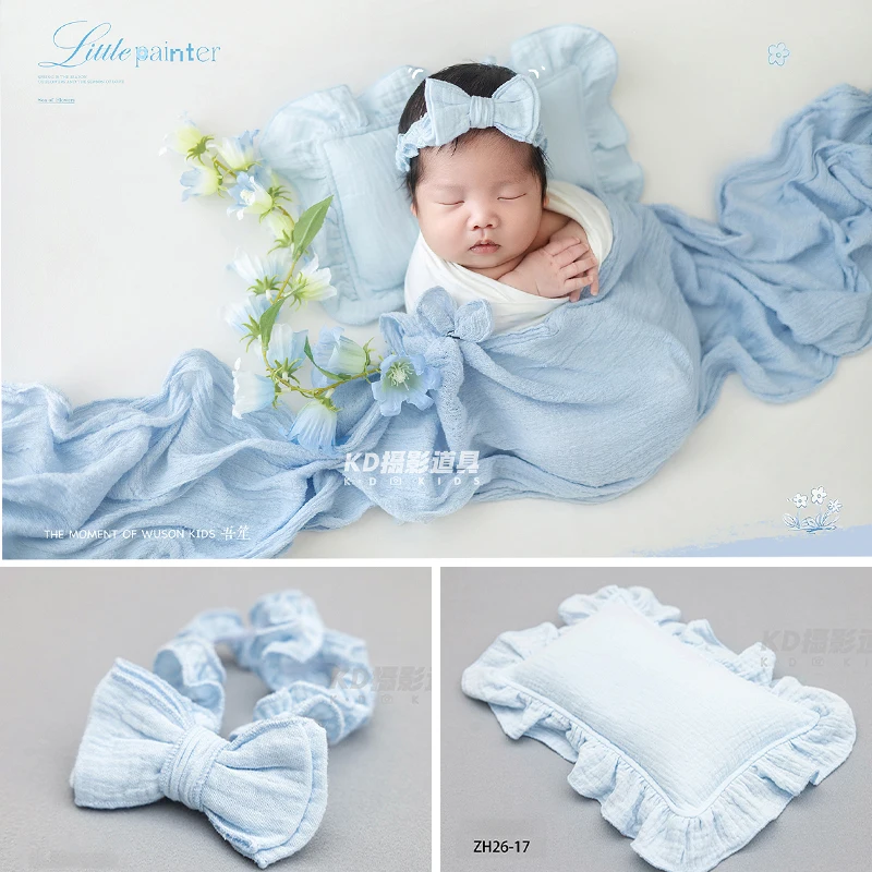 Newborn Photography Props Soft Muslin Bow Headband, Ruffle Pillow & Knit Bonnet Hat, Cute Baby Photo Shoot Outfit for 0-2 Months
