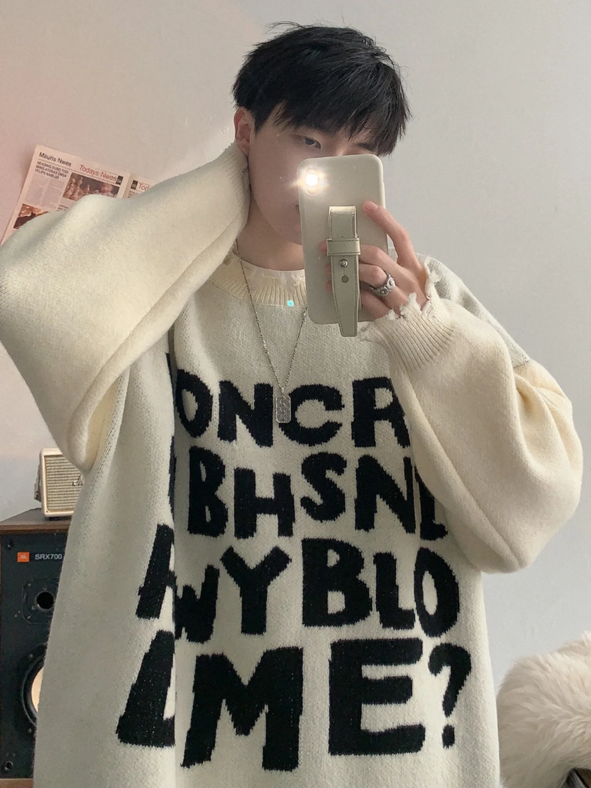 

Мужской свободный вязаный свитер на весну-осень, повседневный, с круглым вырезом, с принтом, с отверстиями, удобный, в стиле кэжуал