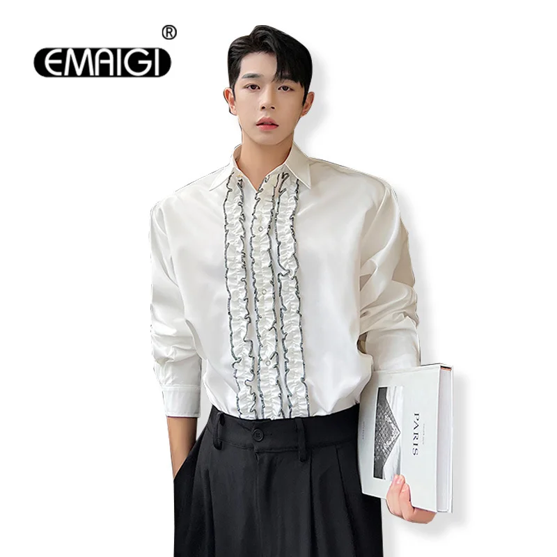 Long Sleeve Shirts for Men French Vintage Fashion Loose Casual Party Dress Shirt Unisex Net Celebrity Korean Style Shirts Blouse