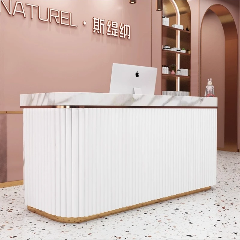 Contadores de caja modernos de lujo ligeros, contadores de caja en forma de arco para peluquería tipo mármol, muebles de recepción Cajero JT40C