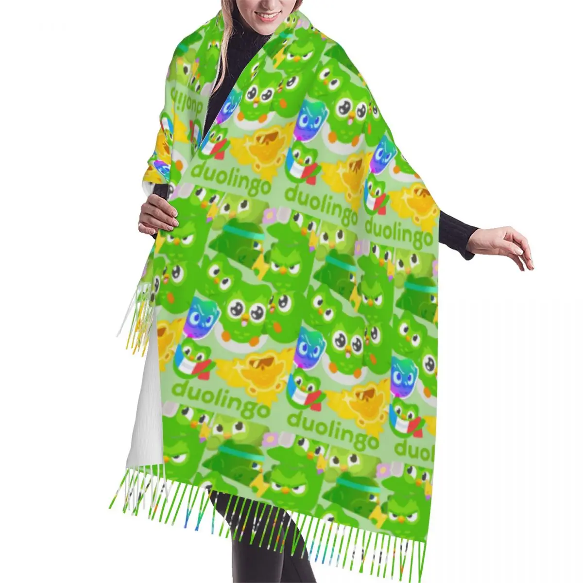 

Шарф Duolingo Owl Duo, шарфы с кисточками для женщин, мягкие теплые шали и накидки, длинная осенне-зимняя шаль