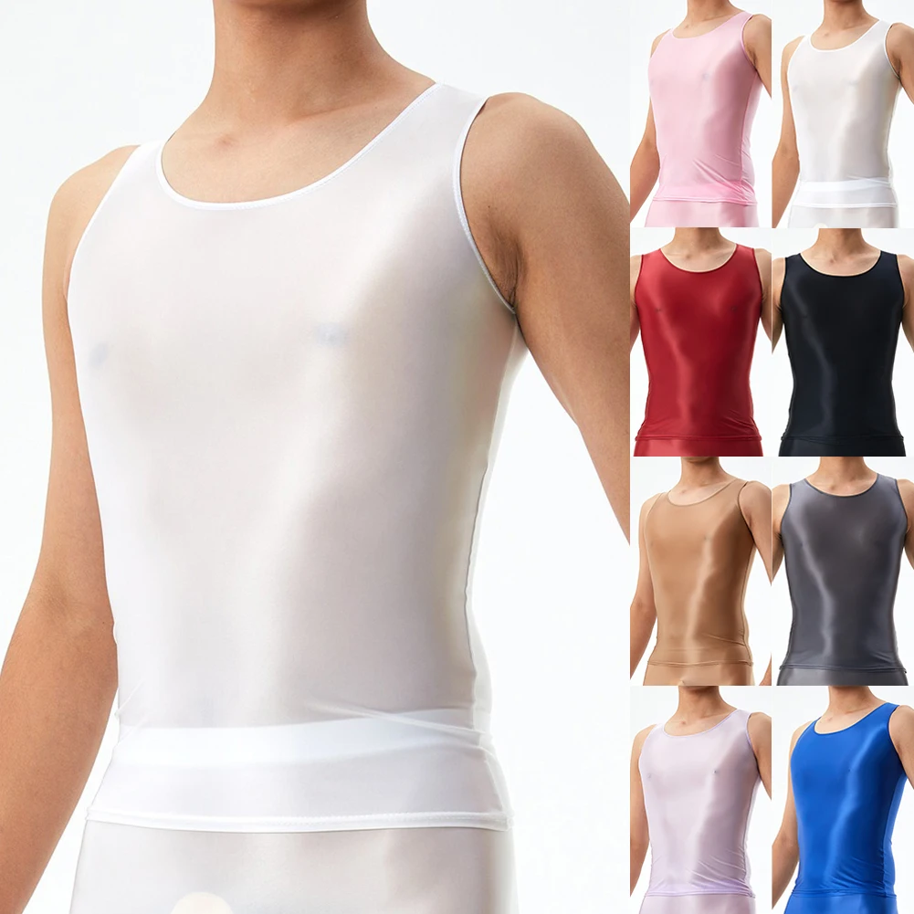 

Men Oil Shiny Stretch Tank Top Sleeveless T-Shirt Sport Gym Running Undershirt Men's Oil Shiny T-shirt, Sports Thin Undershirt