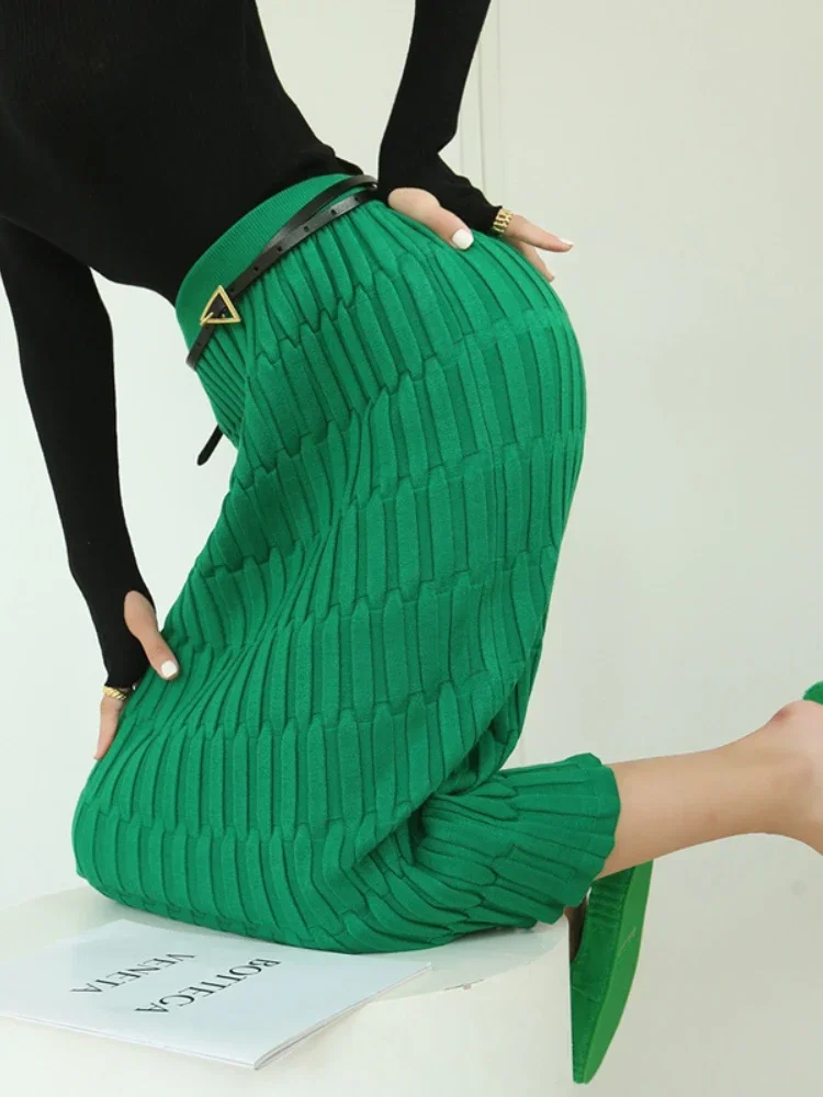 Elegant Women\'s Skirts Green Straight Knitted Skirts Womens High Waist Autumn Casual Slim Strech Long Skirt Women Fashion 2024