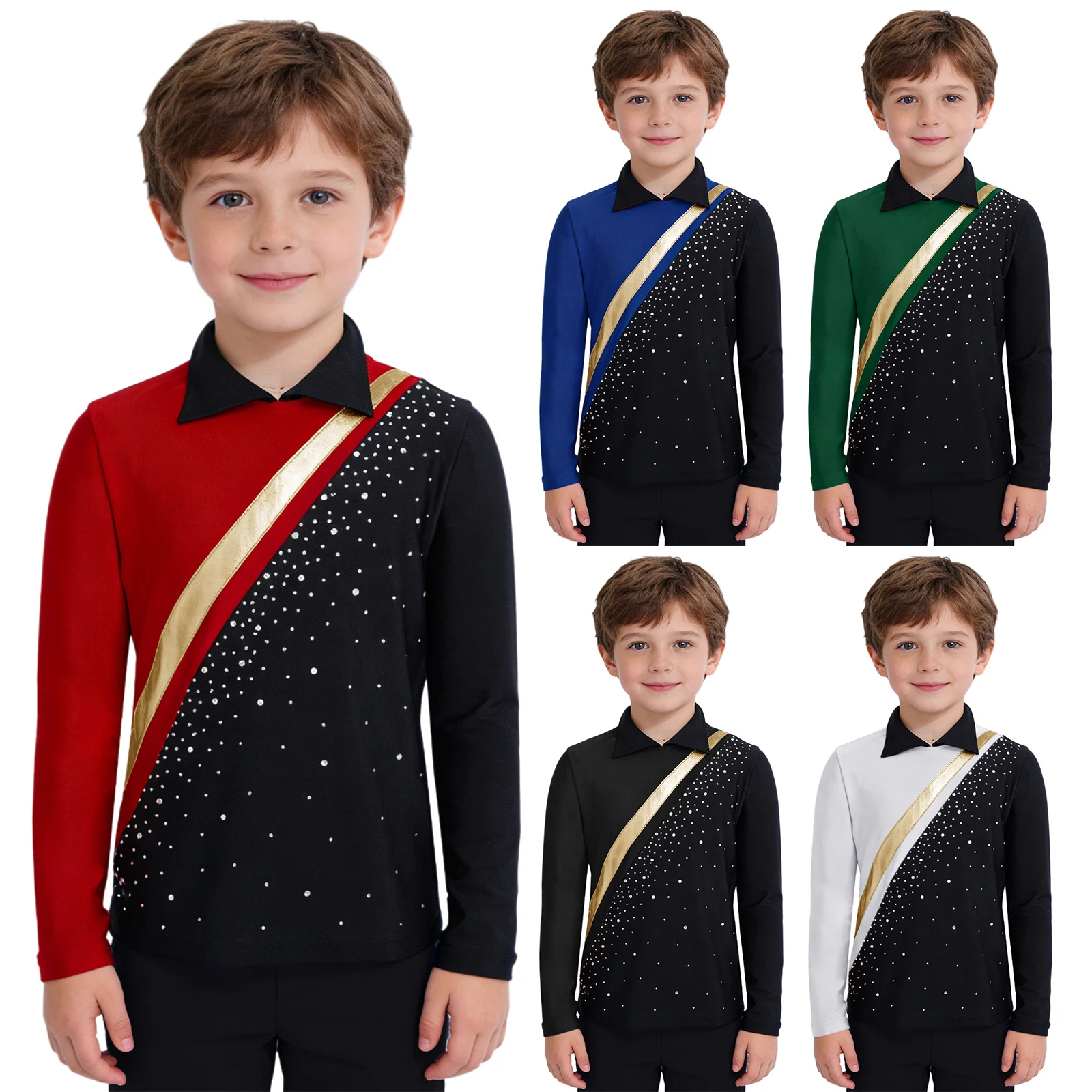 Kids Boys Figure Skating Costume Sparkly Rhinestones Contrast Color Design Tops Long Sleeve Back Invisible Zipper Competition