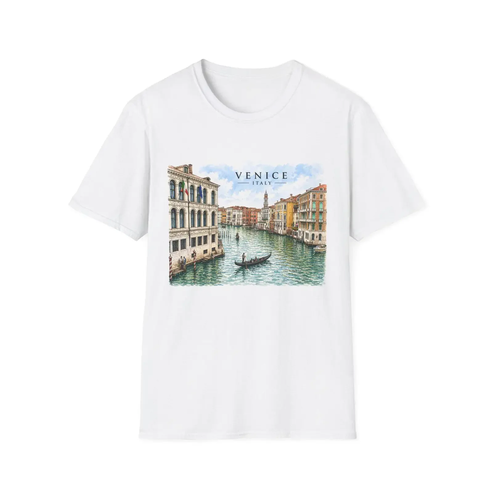 Venice Canal Watercolor T Shirt Gondola Italy Travel Scene vintage Washed Casual Slightly Stretched graphic Unisex Versatile