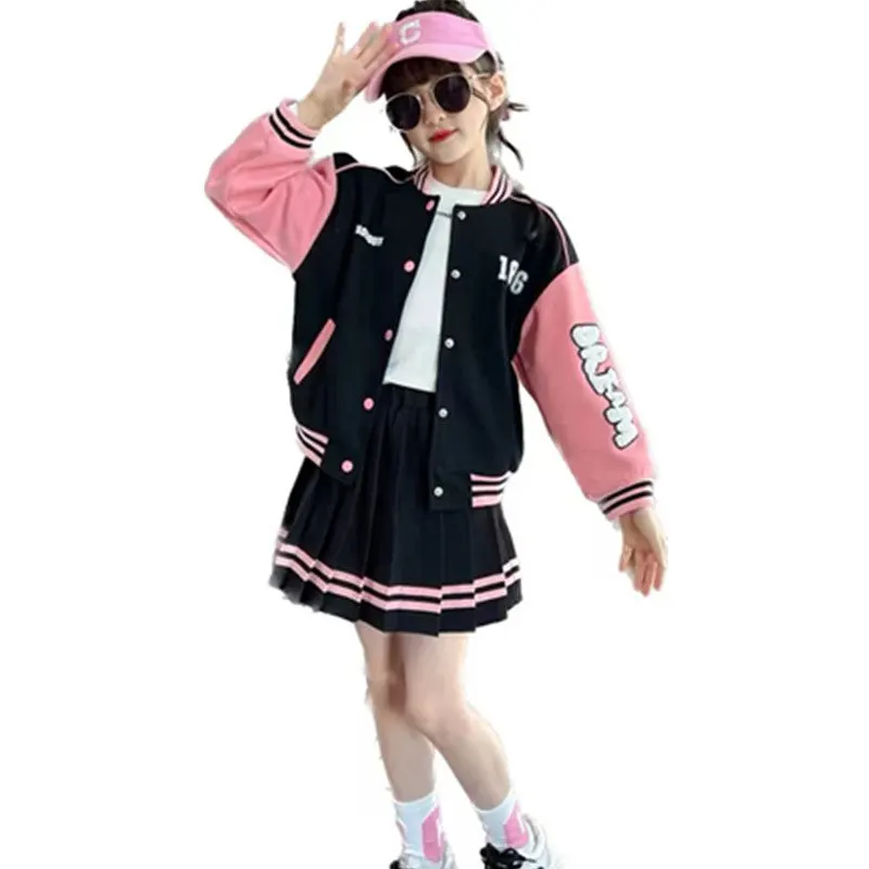 Teen Girls Spring Baseball Uniform Suit Autumn Fashion Letter Print Patchwork Jacket Coat + Pleated Skirt 2pcs JK Outfits 4-14Y