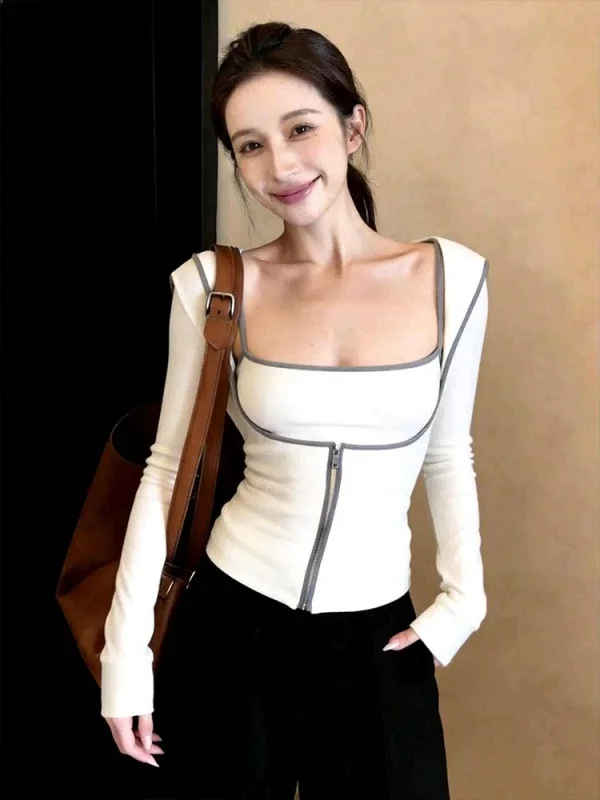 

Spring Pure Desire Spicy Girl Square Collar Zipper Base Long Sve Women's Slim Fit T-irt Inner Wear Design Sense Cardigan