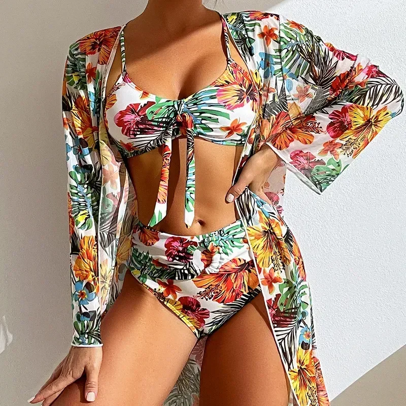 

Sexy High Waisted Bikini Three Pieces Set Floral Print Swimsuit Women with Mesh Long-Sleeved Blouse Cover Ups Plus Size Swimwear