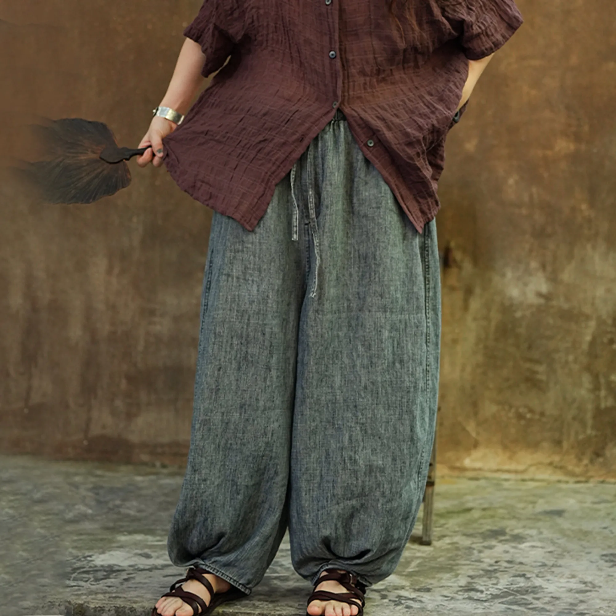 

PengPengHome 583, джинсовые брюки из смеси хлопка и льна, свободные длинные брюки-фонарики с облачным туманом и талией