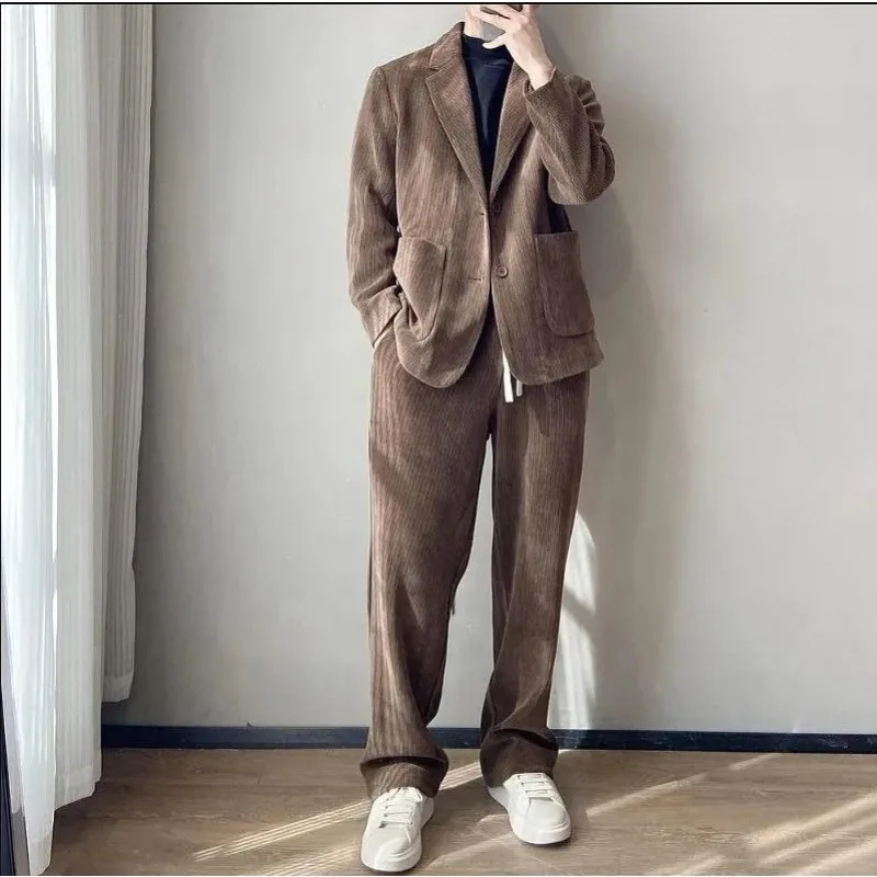 

Men's Spring Autumn Corduroy 2-Piece Set Solid Color Long Sleeve Blazer & Wide Leg Pants Loose Fashion Casual All Match Outfit