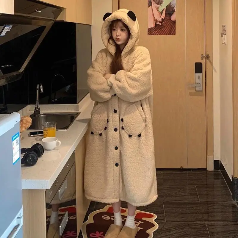 

Girl Robe Kawaii Cartoon Spring Autumn Pajamas Fleece-Lined Sleepwear Hooded Coral Fleece Homewear Thicken Woman Cute Nightwear