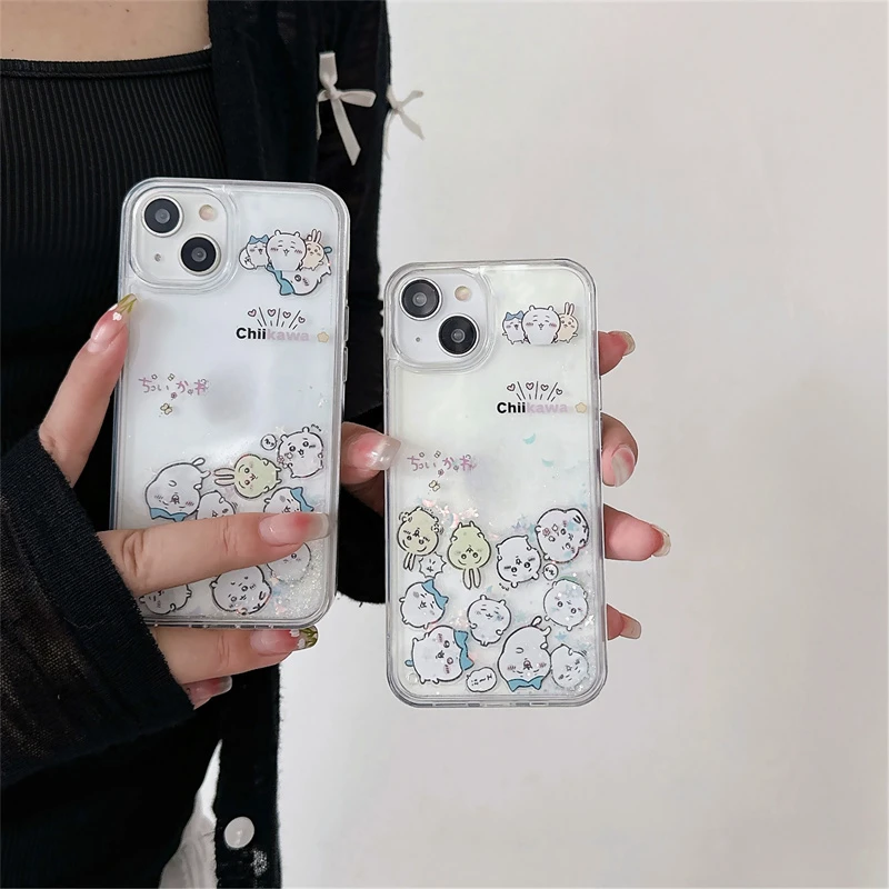 Kawaii Anime Figures Decoration Case for iPhone 15 14 13 Pro Max Phone Shell Clear Glitter Quicksand Liquid Back Cover Hard Capa