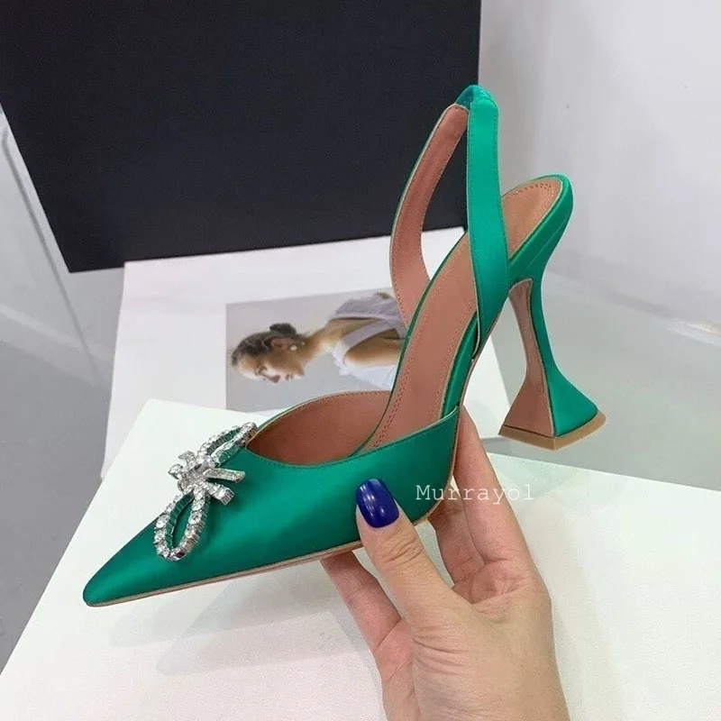 أحذية الزفاف وأشار الساتان تألق كريستال Bowknot ديكور مضخات المرأة بلون الظهر حزام الصنادل الصيف فستان مثير الأحذية #6