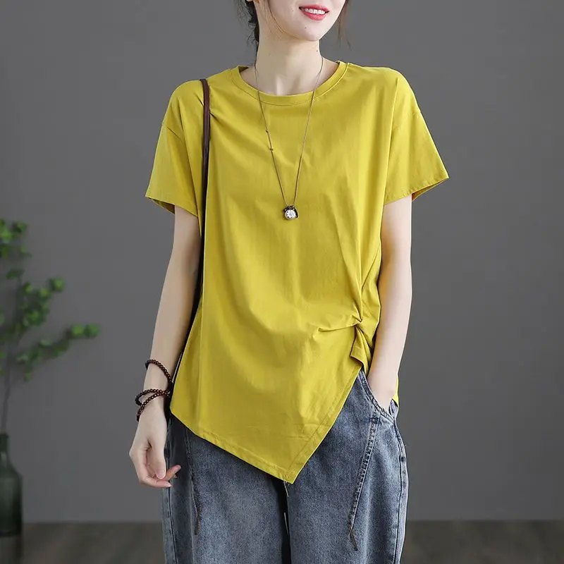 Fashion O-Neck Loose Folds Shirring T-Shirt Female Clothing 2023 Summer New Oversized Casual Pullovers Tops Irregular Tee Shirt