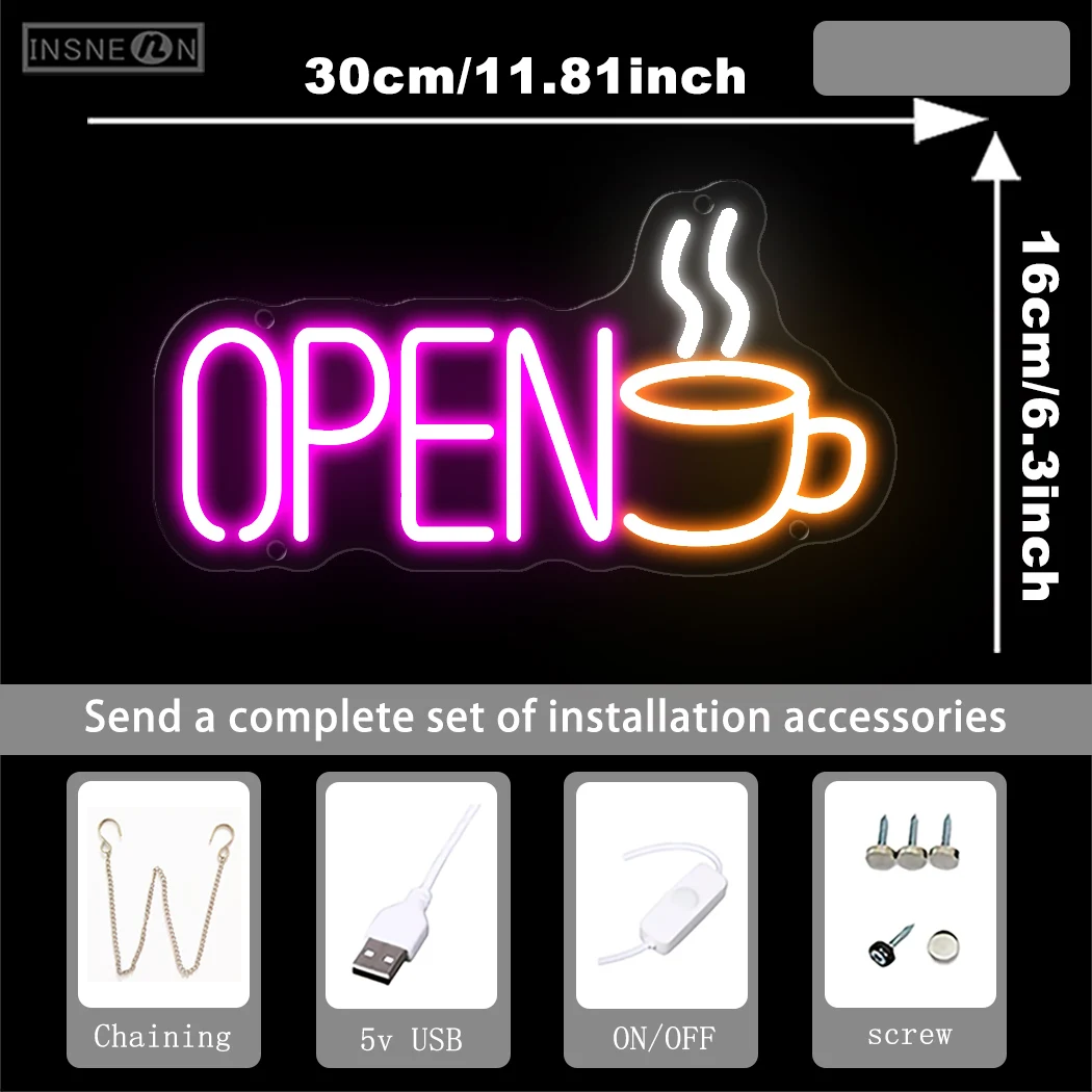 Open Coffee Neon Sign LED Light For Party Room Pub Club Shop Coffee Bar Shop Wall Decoration Sign USB Luminous Neon Sign Light