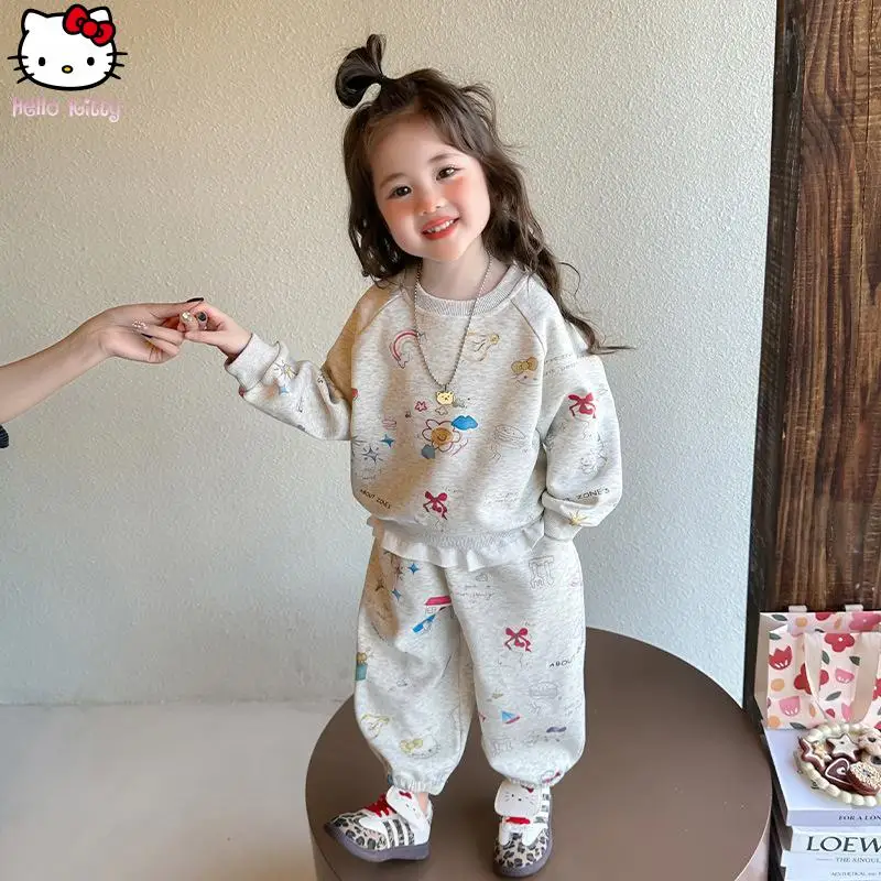 

Kawaii Sanrio, топы с принтом для девочек, комплект брюк, весенне-осенний новый повседневный универсальный брюки с манжетами, детская мода, милый наряд Hello Kitty