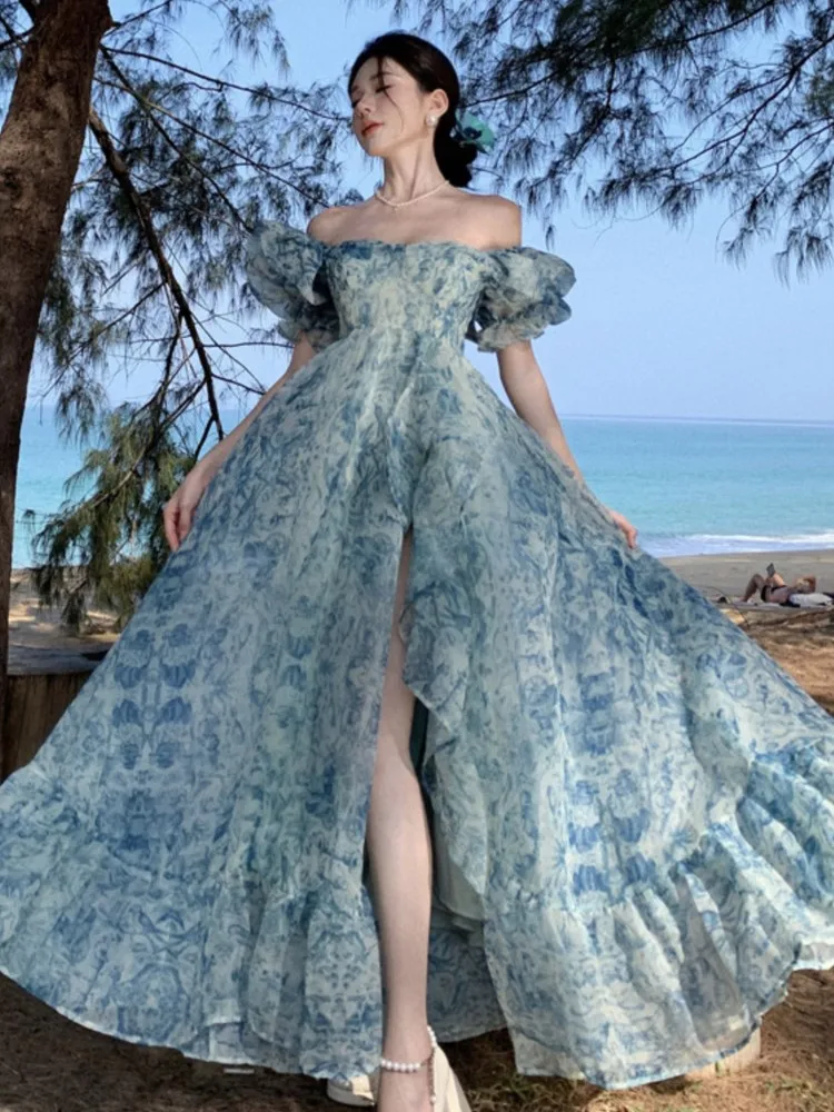 

Blue Printed Beach Skirt For Women's Dresses Summer New Organza Design With Ruffled Edges Seaside Vacation Long Skirt Dress New