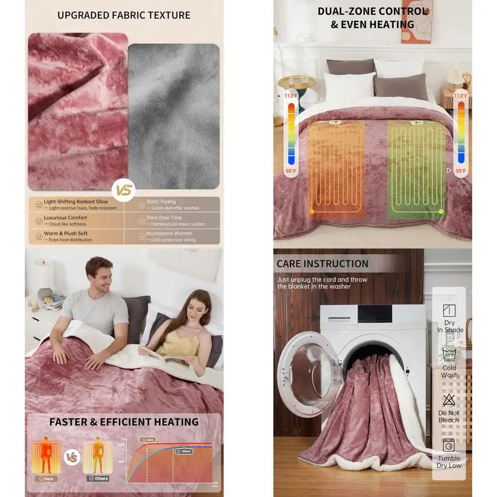 

Pink Velvet Queen Size Electric Blanket with Dual Controls, 4 Heat Settings, 10H Auto Off, Overheat Protection, ETL Certified, 8
