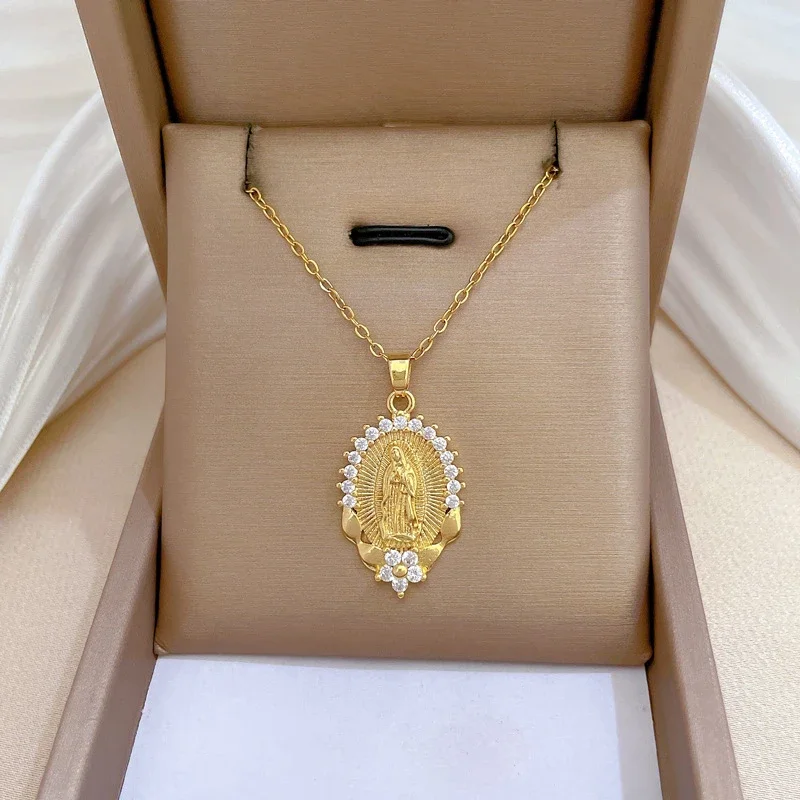 Stainless Steel Chain Religious Virgin Mary Zircon Flower Pendant Necklaces for Women Men Accessories Jewelry Gifts