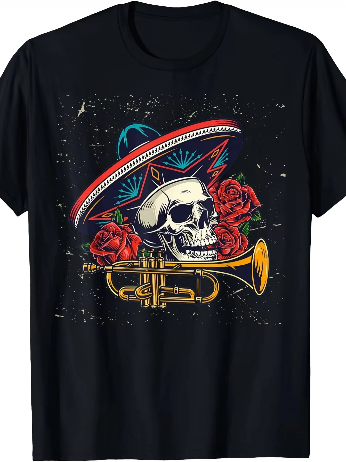 Camiseta Pequeña para Hombre con Diseño de Calavera y Rosa del Día de los Muertos - Diseño Vibrante del Día de Muertos, Combinado con un Sombrero de Paja Colorido