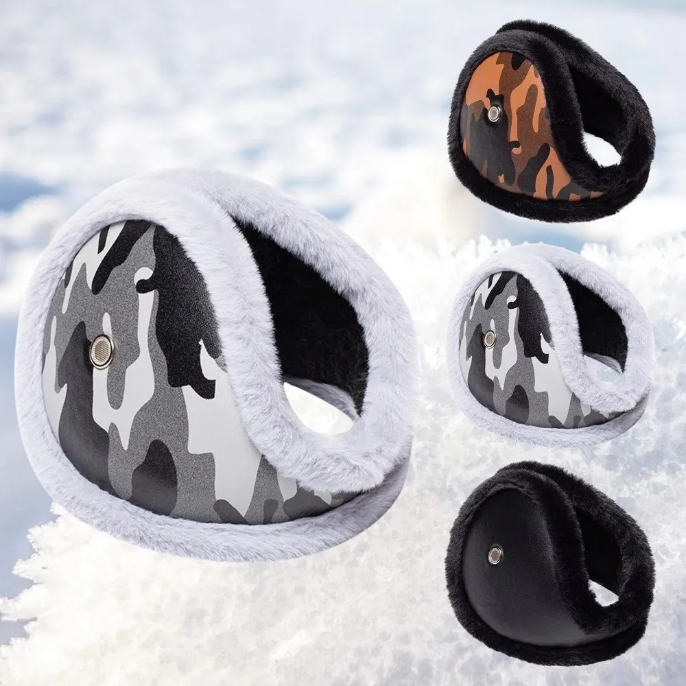 New PU Leather Winter Earmuffs Lining Foldable Ear Warmers Pattern Loudspeaker Hole Earmuffs Outdoor Ear Protection