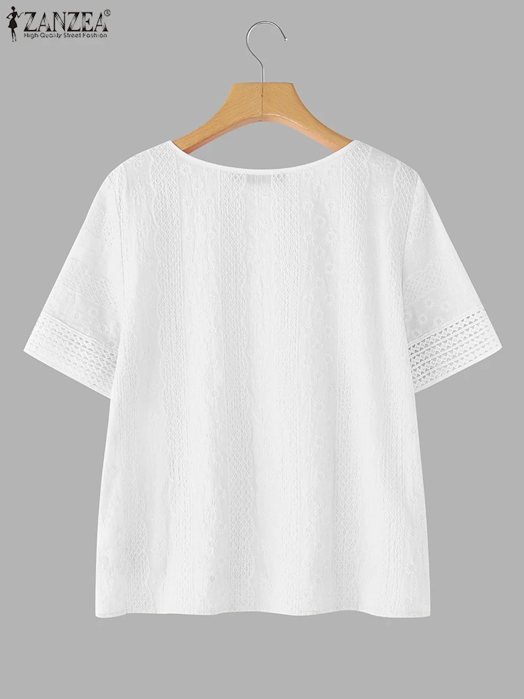 ZANZEA Cotton Blusas Women Solid Tops Casual Loose Short Sleeve Blouse Fashion O Neck Tunics 2025 Female OL Work Pullovers