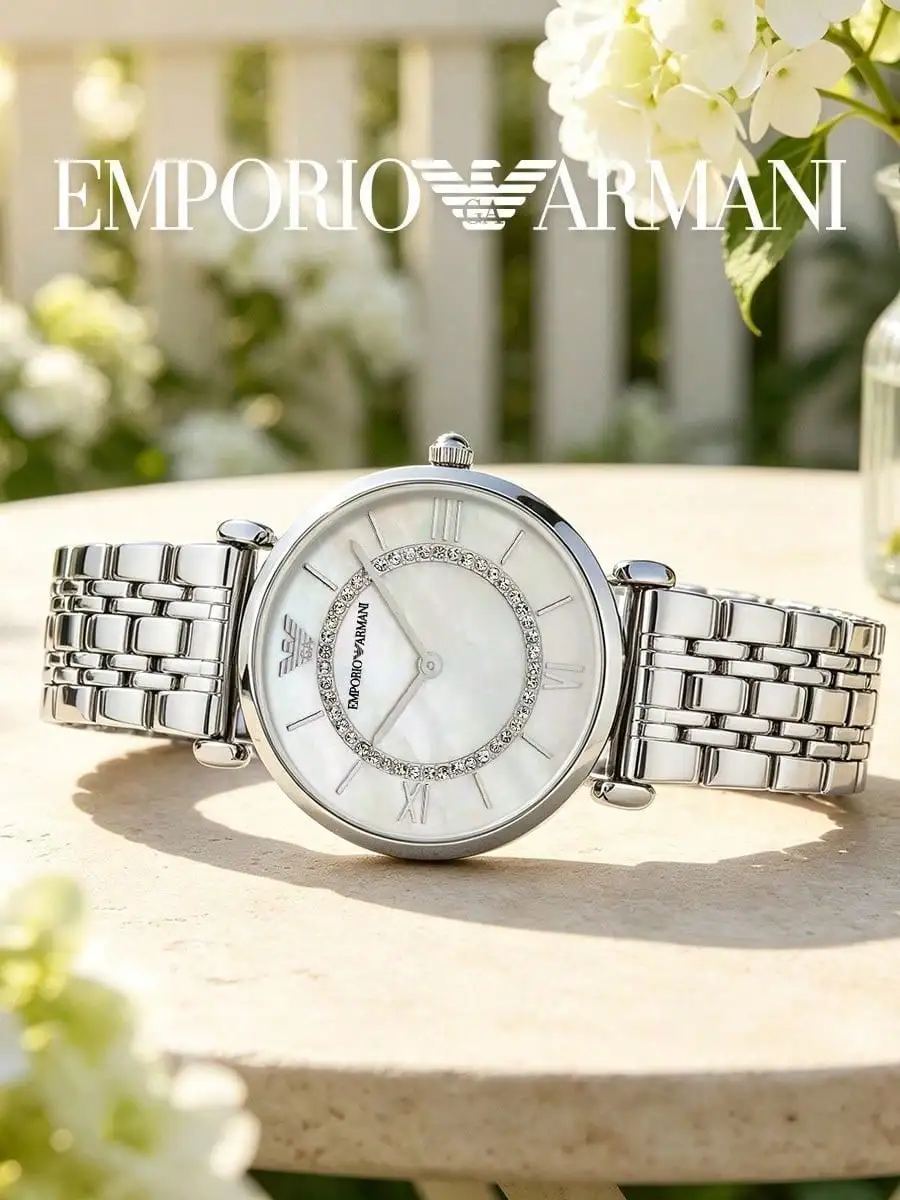 Emporio Armani AR1908 Classic Series Quartz Watch 32mm Silver Steel MOP Dial Crystal Bezel 3ATM Ladies Wristwatch Gift