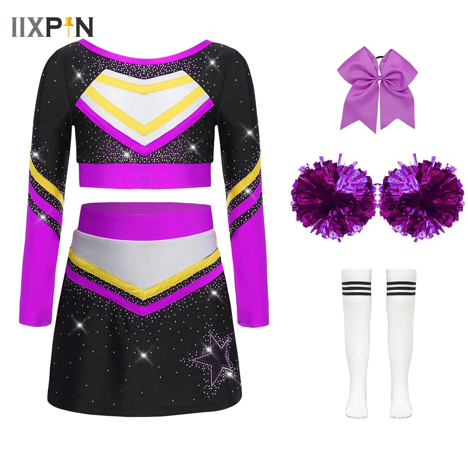 

Kids Girls Cheerleading Costumes Childs Long Sleeve Crop Top Skirts Hand Flowers Socks Dancewear Set Schoolgirl Cheer Dance Suit
