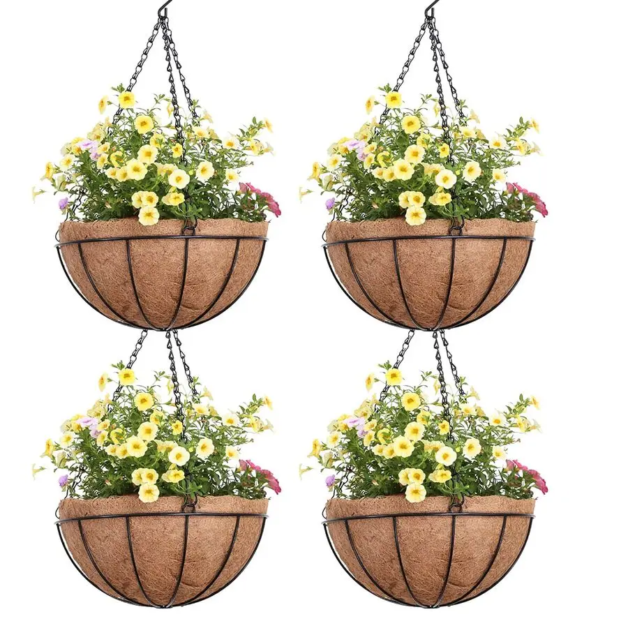 

Outdoor Metal Hanging Planters Basket 4pack, 14 inch Hanging Baskets for Plants Chain Round Wire Plant Holder with Coco Fiber Li
