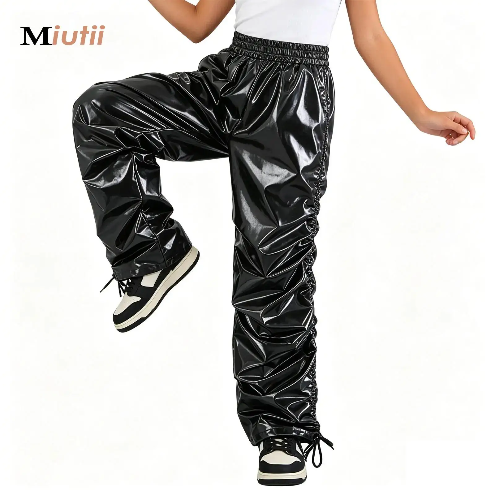 

Multi Colors Streetwear Drawstring Metallic Pants Sporty Shiny Loose Fitting Performance Outfit Hip-hop Jazz Dance Clothes Kids