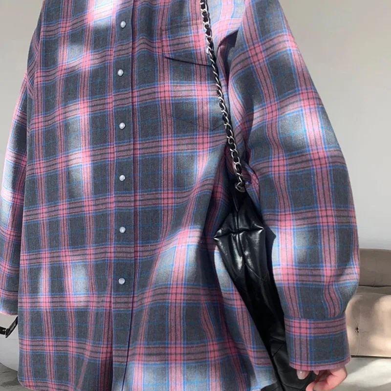 Oversized Plaid Shirt Autumn Winter Women Vintage Long Sleeve Fashion Loose Lapel Pocket Shirt Fit Blouse Korean Style