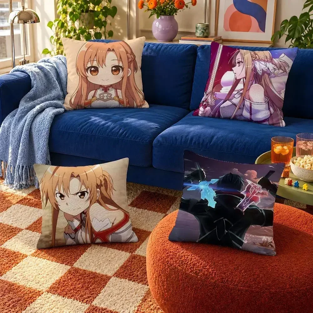 Anime Sword Art Online SAO Kirito Asuna Cushion Cover Throw Pillow Soft Short Plush Cozy Colorfast For Sofa Bedroom Home Decor