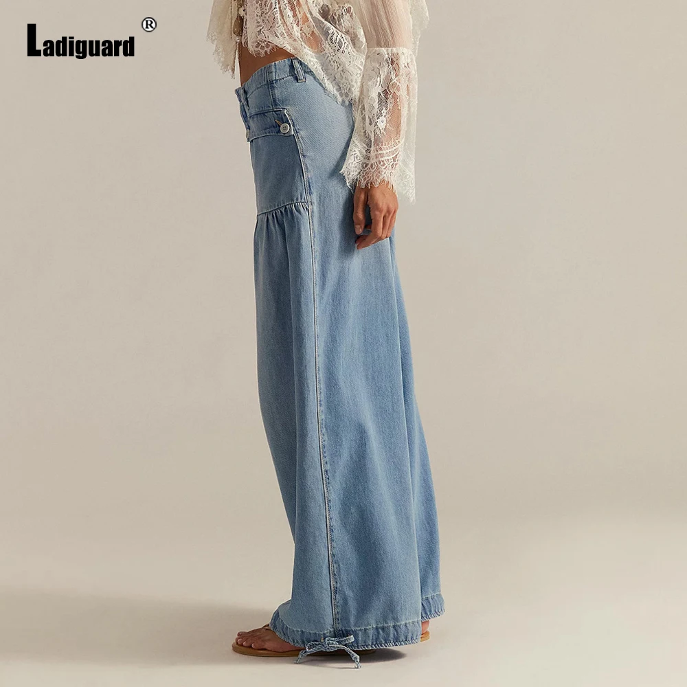 Dames Stand Pocket Casual Bloeiers Denim Broek Sexy Patchwork Jeans Broek 2025, Europese Mode Losse Harem Denim Broek Nieuw