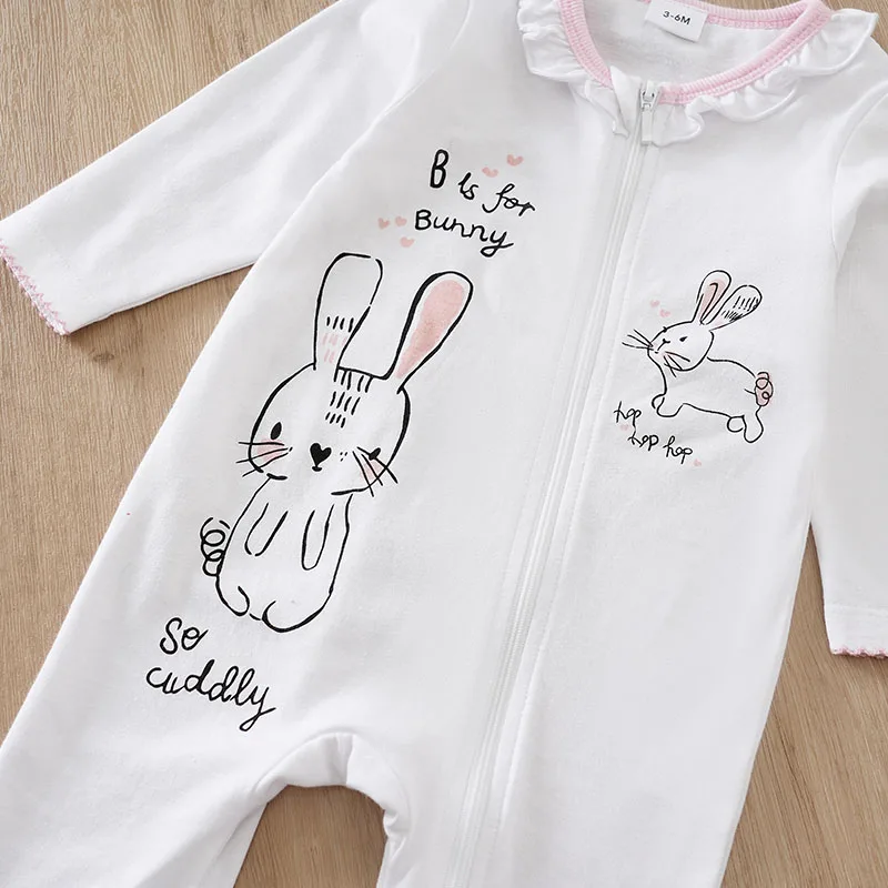 Infant\'s White rabbit Print 0-18 months Bodysuit Spring and Autumn Comfy Long Sleeve Onesie, Baby Boy\'s Clothing, As Gift