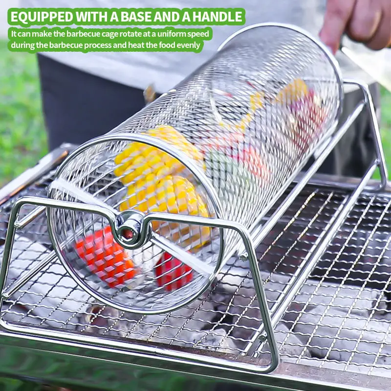 Stainless Steel Rolling BBQ Grill Mesh Basket Grill Rotisserie Basket roll Barbecue cage Roaster