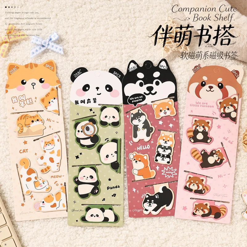 5Pcs Cute Animal Magnetic Bookmarks, Panda Cat Shiba‑Inu Red Panda Soft Magnet Page Markers for Students Reading Gifts