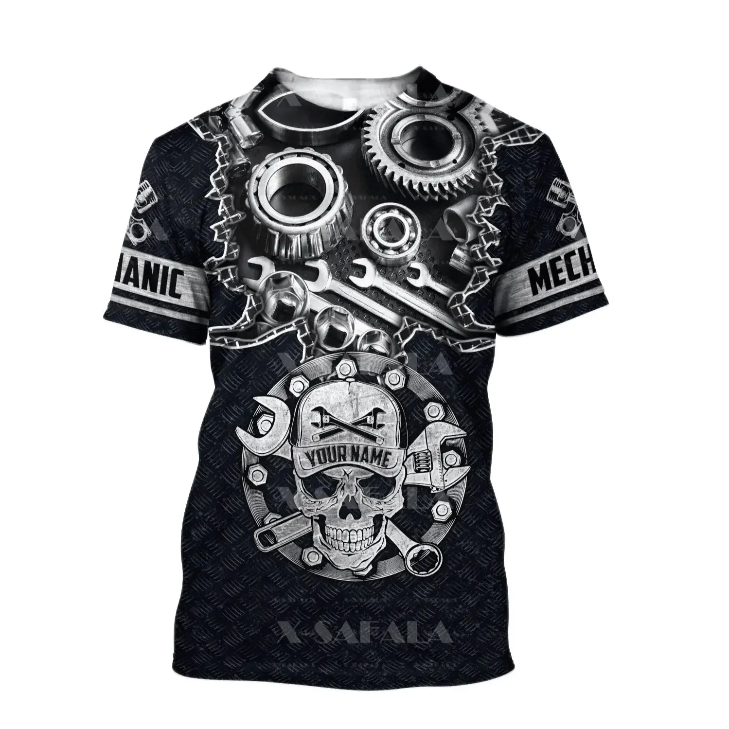 CUSTOMIZE Mechanic Skull Spanner Cosplay 3D Printed Men T-Shirt Tops Tee Short Sleeve Casual Milk Fiber Breathable Tracksuits