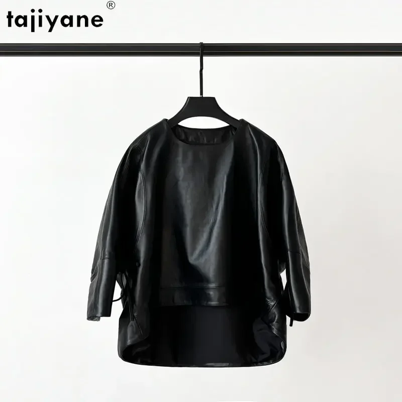 Tajiyane Genuine Leather Jacket Women O-neck Real Leather Coat Bat Sleeve Jackets Woman Seven-part Sleeves Leather Top