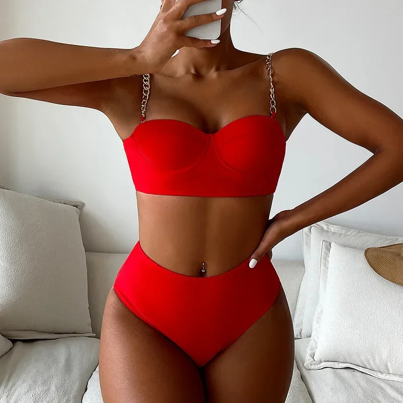 Sexy Triangle Two-Piece Swimsuit Black High Waist Metal Chain Bikinis Sets Slim Fit Large Size Solid Push Up Women's Swimsuit