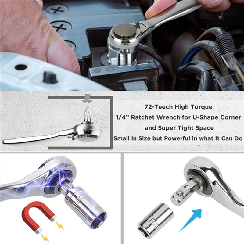 28 in 1 미니 라쳇 렌치 세트 (직각 오프셋 1/4인치 72T 스크루드라이버 핸들 마그네틱 톡스 비트 포함)