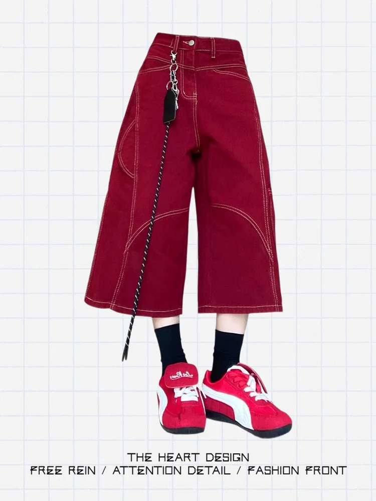 

American Retro Red Seven-Quarter Denim orts Women Summer High Street Loose Slimming Utili Wide Leg Pants