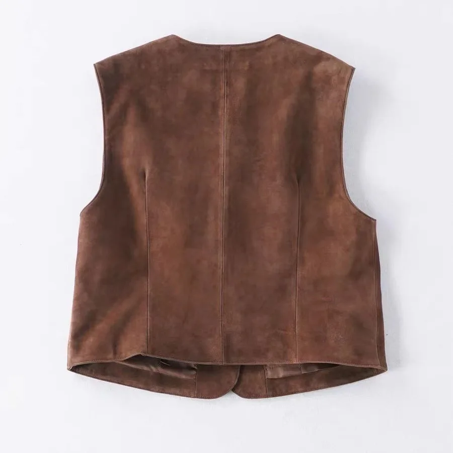 Nubuck Suede Top Clothing for Women Genuine Leather Vest Casual Short Style Retro British V-neck Layered Wearing Chaleco Mujer