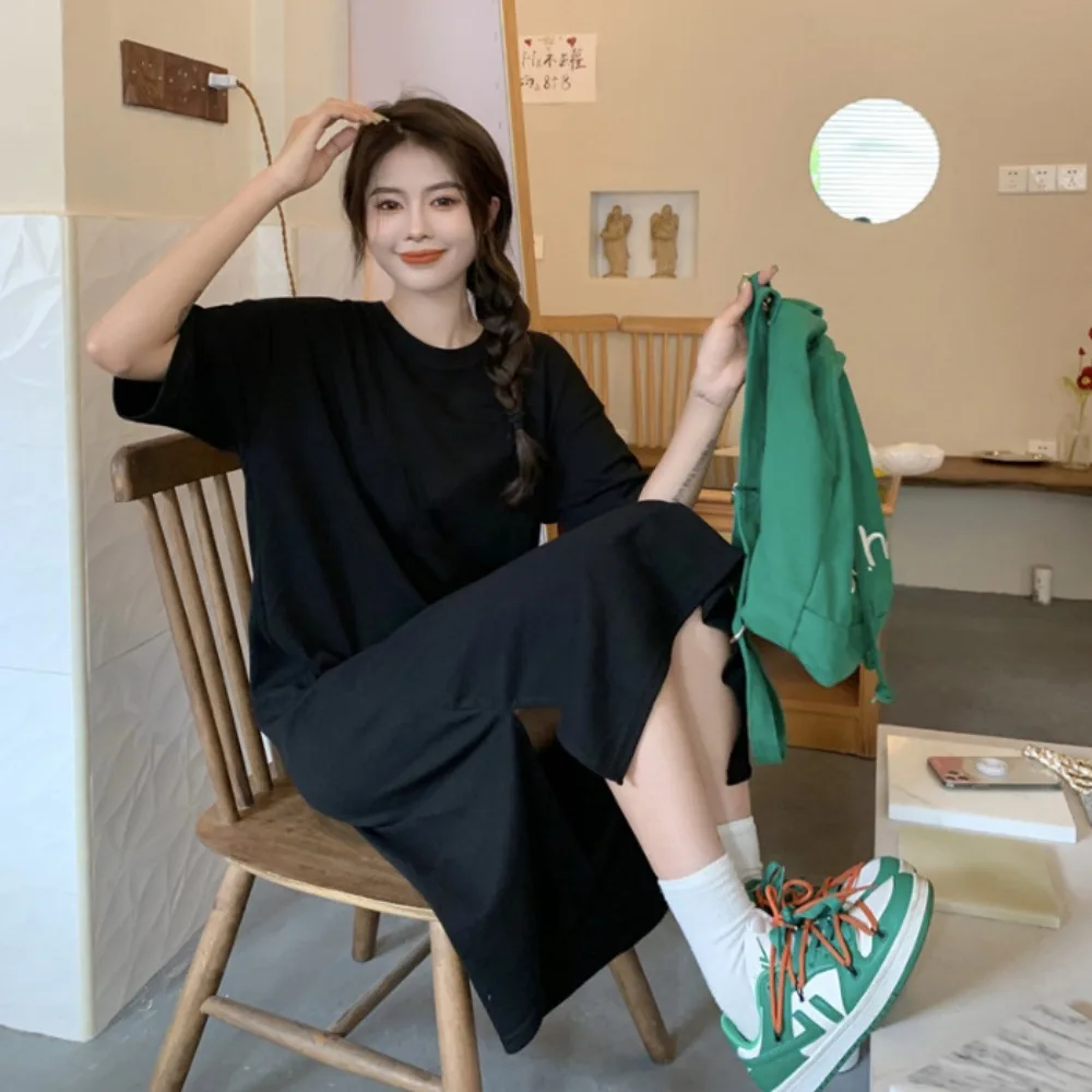 Abito estivo in tinta unita allentato casual a maniche corte 2025, gonna t-shirt divisa di media lunghezza sopra il ginocchio