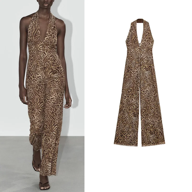 

Summer New Women's Long One-Piece Suit Bal Design Animal Print Ne Hanging Collar 96% plus Polyester Fiber High Waist W...