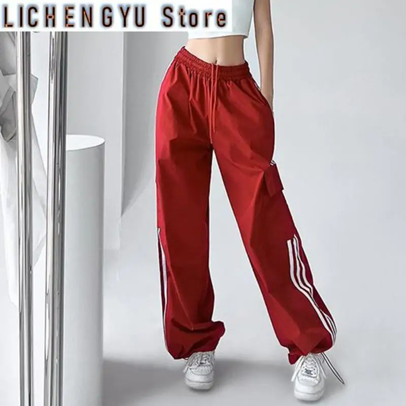 New Striped Cargo Pants Women American Style High Waist Lace Up Fashion Streetwear Loose Wide Leg Trousers Female 4 Colors
